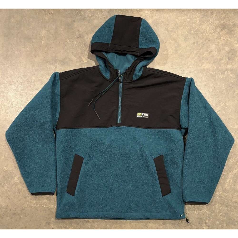 Eddie Bauer EBTEK 1/2 Zip Fleece Hooded Jacket Mens Large Zip Pockets Teal Black